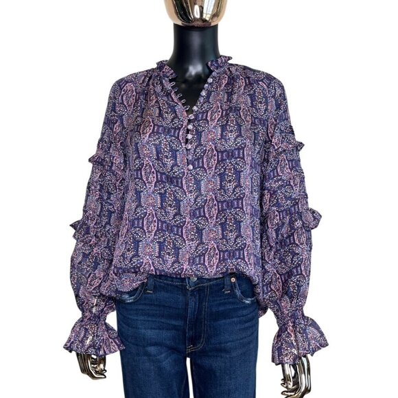 Haute Hippie 100% Silk Indigo Boho Ruffle Blouse NWT XS (Runs Oversized) - Picture 6 of 10